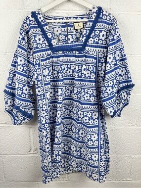 Tuckernuck Daisy Fringe Dress Blue White Floral Cotton Mini Dress Size M